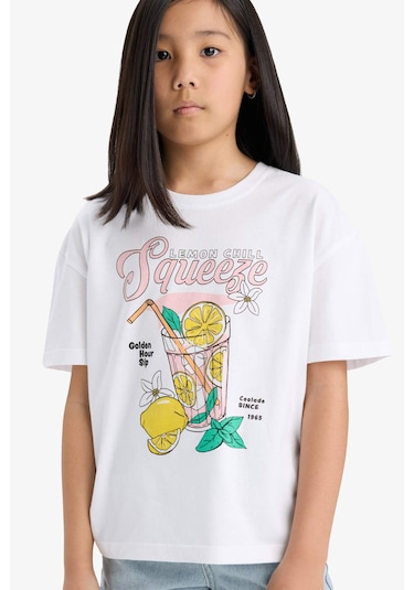 Defacto Kız Çocuk Relax Fit Bisiklet Yaka Baskılı Kısa Kollu Tişört E0389a825smwt34 Beyaz