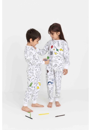 Boyanabilir Çocuk Pijama Takımı Kız Çocuk Pijama Erkek Çocuk Pijama Boya Beyaz