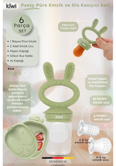 Kiwi Passy Püre Emzik Ve Diş Kaşıyıcı Bebek Meyve Süzgeci+buz Kalıbı- Olive