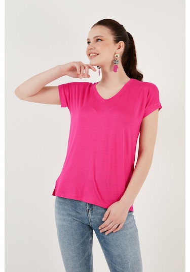 Lela V Yaka Relaxed Fit Yırtmaç Detaylı 2'Li Paket Bayan Bluz 5862000S2 Ekru-Fuşya