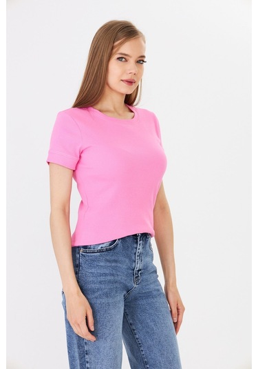 Hdm Kadın Pembe Kısa Kollu Basic Bisiklet Yaka Tişört - H6037