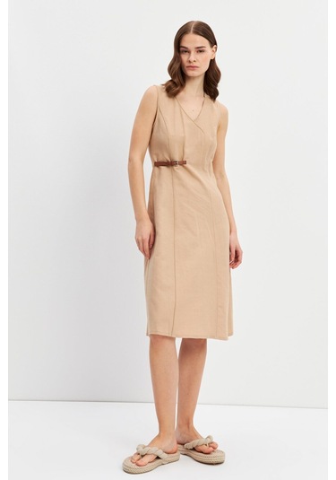 Stella Pulvis Bej Biyeli Kemer Detaylı Keten Midi Elbise