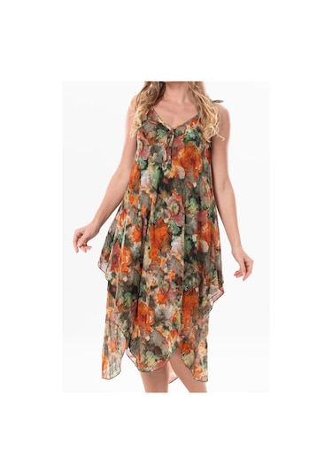 Kadın Askılı Vual Afrodit Midi Boy Yazlık Elbise Batik Turuncu 6205