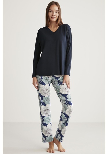 Alin 328 Yumuşak Doku Uzun Kol Kadın Pijama Takımı Lacivert Lacivert