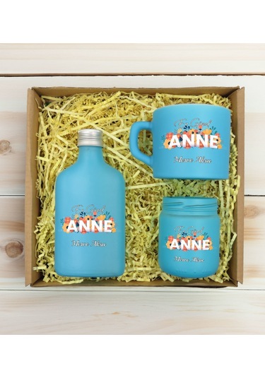 Bk Gift Kişiye Özel İsimli Dtf Anne Temalı Turkuaz Kahve Fincanı & Kolonya & Mum Hediye Seti-2, Anneye Hediye, Anneler Günü Hediyesi Kobitmeyencom3098