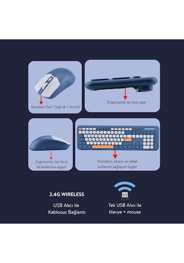 Soft Touch Kablosuz Klavye Mouse Set Lacivert + Beyaz Smk-687 Diğer