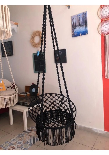 Makrome Özel Örgü Burgu Halatlı Siyah Salıncak Hamak Siyah