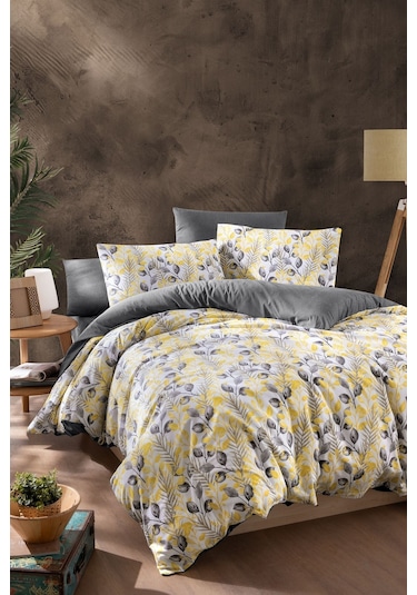 Mystory Home Lastikli Çarşaflı Çift Kişilik Nevresim Takımı Lemon 200x220 Cm Sarı - Gri
