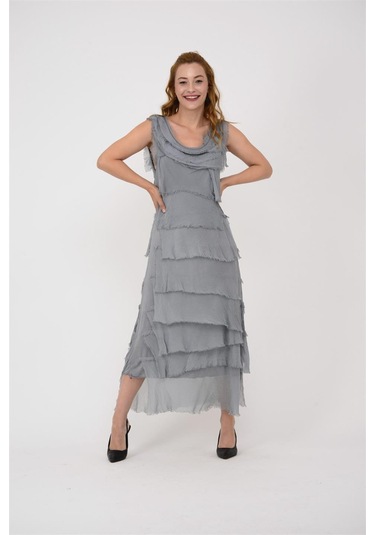 Italyan 2 Beden İnce Gösteren Kat Kat Kolsuz Ipek Elbise Koyu Gri