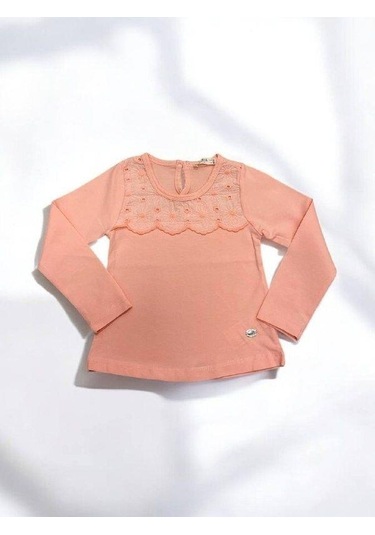 Kız Çocuk Çiçek Detaylı Pamuklu İnce Uzun Kollu Bluz-14829 Pembe