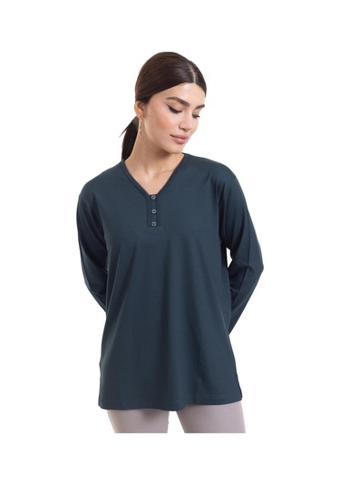 Kadın Orta Yaş ve Üzeri Dört Mevsim V Yaka Rahat Kalıp Likralı Viskoz Anne Penye Bluz 140-Koyu Yeşil