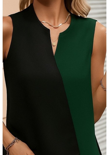 Sensuelle Kadın Kolsuz V Yakalı Blok Renkli Ithal Krep Bluz Yeşil