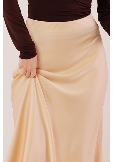 Çan Kesim Midi Krem Saten Etek Krem