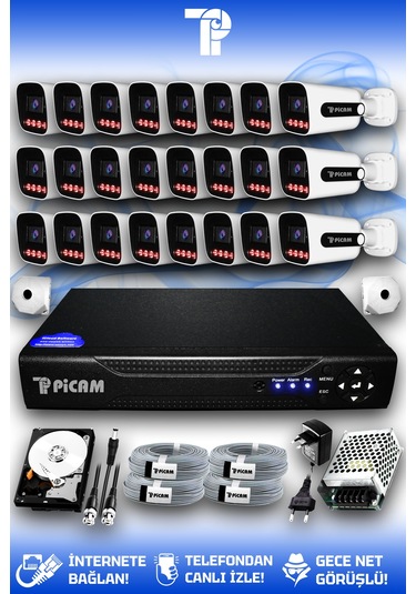 Picam 24 Kameralı Zebra 24 Dış Kamera Set 100 Gb 5 Mp 2k Net Gece Görüşlü Güvenlik Kamerası Sistemi