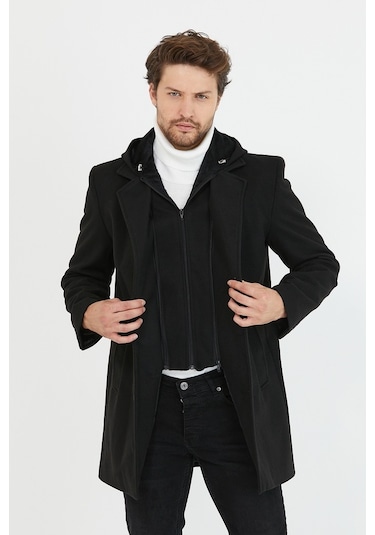 Erkek Siyah Yün Karışımlı Kaşe Kapüşonlu Önü Fermuarlı Kaban-Siyah