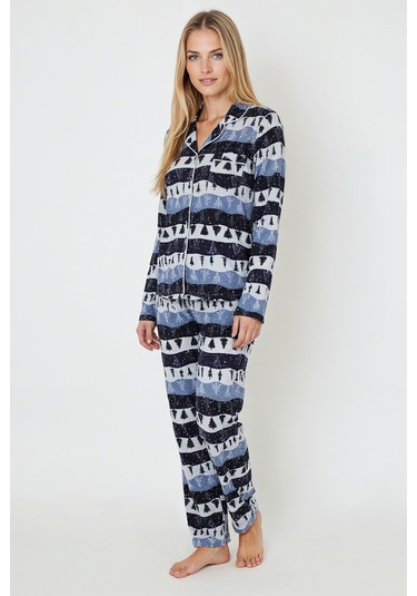 Luxury Soft Lacivert Çam Ağacı Desenli Uzun Kollu Kadın Pijama Takımı 3048 Mavi