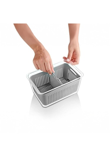Vinoa 2,5 Litre Süzgeçli Buzdolabı Düzenleyici Organizer + Saklama Kabı Gri