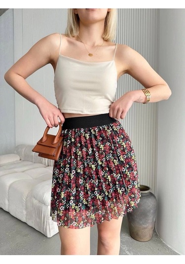 Baskılı Astarlı Mini Etek Kırmızı