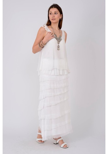 İtalyan 2 Beden Ince Gösteren Kat Kat Ipek Etek & Straplez Elbise Beyaz