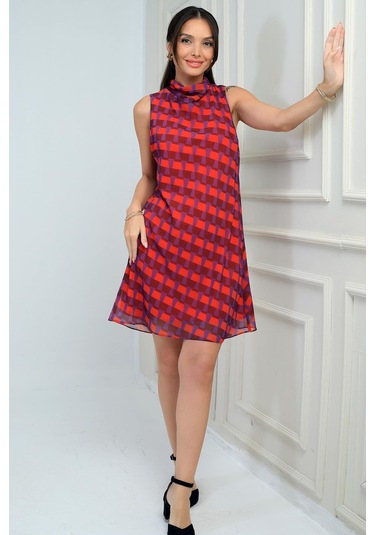 Kadın Degaje Yaka Astarlı Desenli Kısa Şifon Elbise-41773 Mor