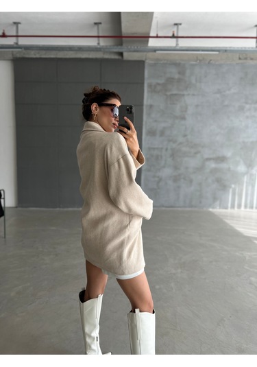 Laluvia Balıksırtı Oversize Kaban Taş Rengi Bej
