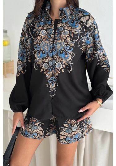 İthal Atlas Kumaş Bluz&şort Takım Siyah Siyah