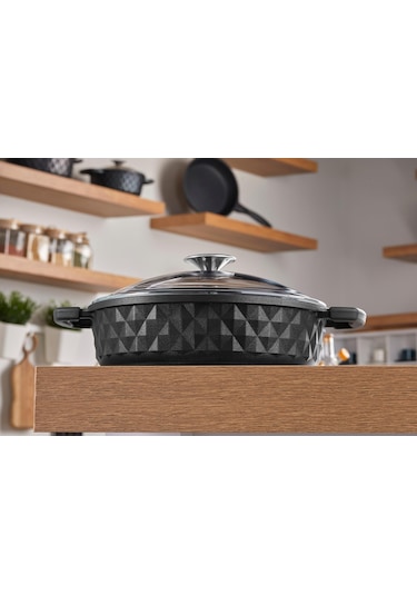 Taç Bella Cam Kapak Döküm Basık Tencere 28 Cm