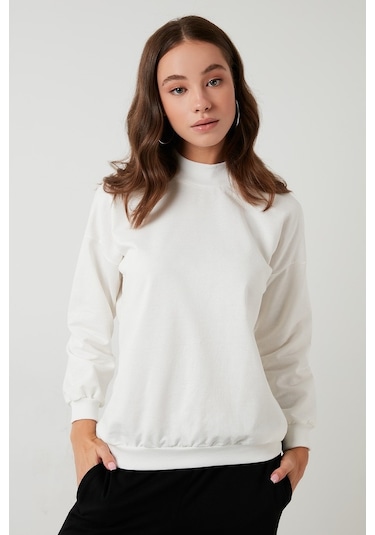 Lela Pamuklu Dik Yaka Basic Örme Bayan Sweat 5863323 Ekru