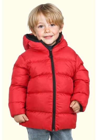 Erkek Çocuk Polarlı Kürklü Kapüşonlu Su Geçirmez Rüzgara Dayanıklı Şişme Kışlık Mont Kaban Kırmızı