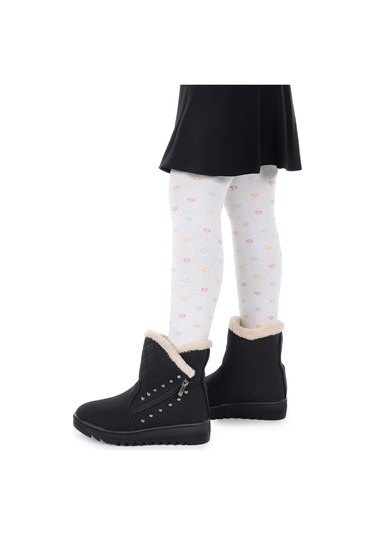 Kiko Kids Hezan Fermuarlı Kız Çocuk Bot Ayakkabı Siyah - Bej Siyah - Bej