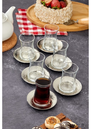 Cooker 6'lı Metal Dövme Desen Çay Tabağı Gümüş Ckr3578 Gümüş