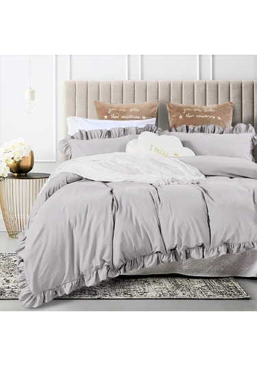 Makiteks Fırfırlı Süs Dikişli Açık Gri Çift Kişilik Nevresim Seti Açık Gri