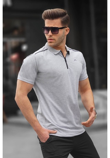 Madmext Erkek Grimelanj Basic Fermuarlı Polo Tişört 6076 Grimelanj