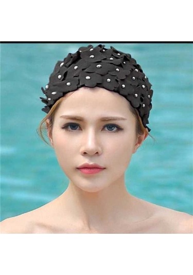 Artfulabode Yüzme Yapımı Üç Siyah Kadın İnci El Çiçekli Boyutlu Bonesi Siyah