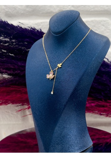 925 Ayar Gümüş Gold Renk Mineli Kelebek Modeli Zarif Kadın Kolye Gümüş