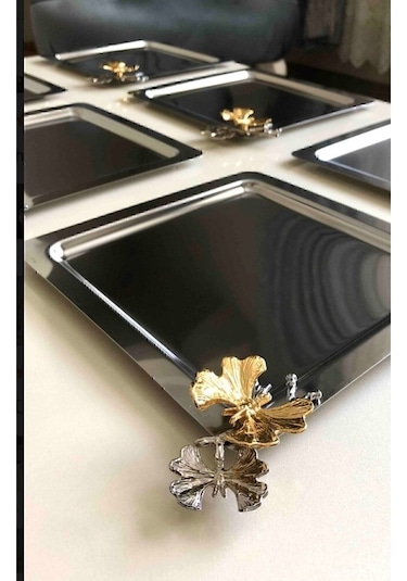 Jasper Paslanmaz Çelik Kare Model Kahve Tepsisi Kelebek Aksesuarlı Lüx Sunum Gri