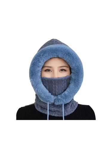 Novahub Kadın Kış Şapka Entegre Atkı Kalın Sıcak Sahte Kürk Örme Rüzgar Geçirmez Yüksek Mavi Mavi