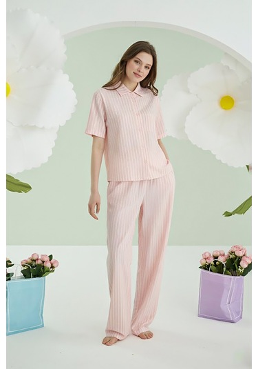 Nbb Kadın Pembe Çizgili Pijama Takım Pembe
