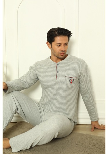 Falkom 5004 İnterlok Kalın Kışlık Çizgili Erkek Ev Pijama Takımı Gri