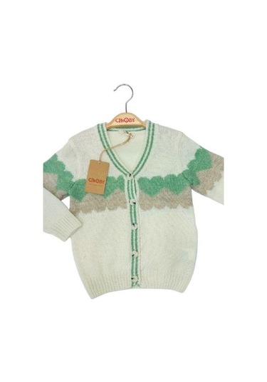 Kız Çocuk Kalp Desenli Düğmeli Kalın Hırka-13599 Yeşil