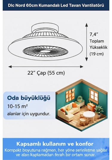 Dlc Nord 60cm Kumandalı Led Tavan Vantilatörü Beyaz