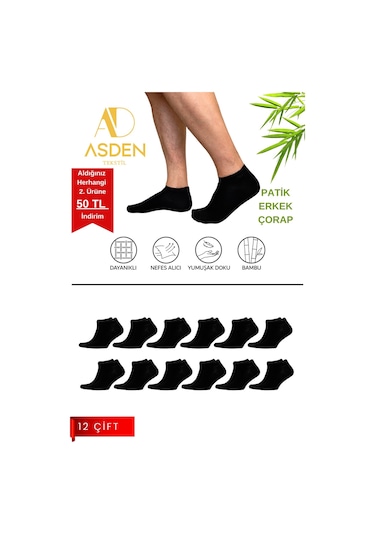 Asden Bambu Erkek Patik Çorap Lacivert 12'li, Dikişsiz, Soft Yıkamalı 12 Çift Siyah