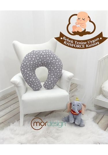 Çift Taraflı Emzirme Yastığı /bebek Destek Minderi, Hamile Yastığı, Pamuklu Kumaş, Stars Desen, Gri