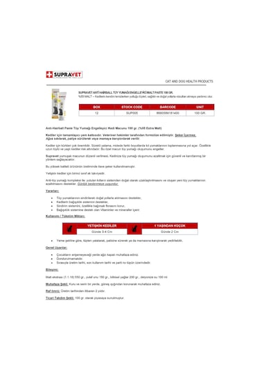 Supravet Anti-Hairball Malt Tüy Yumağı Engelleyici Kedi Macunu 100 G