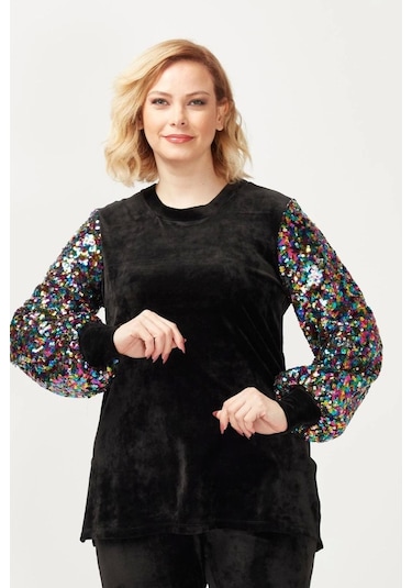 3232 Siyah Kadife Kolu Disko Payetli Büyük Beden Bluz Siyah