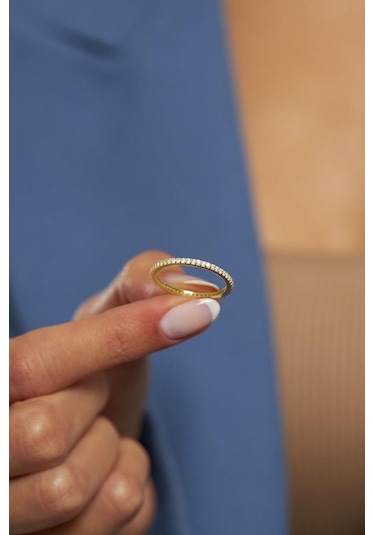 Roza Silver Zirkon Taşlı Gold Minimal Tamtur Gümüş Yüzük Rr10003