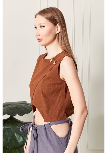 Şık Farklı Tarz Asi Keten Bluz - Modern Ve Cesur Tasarım Kiremit