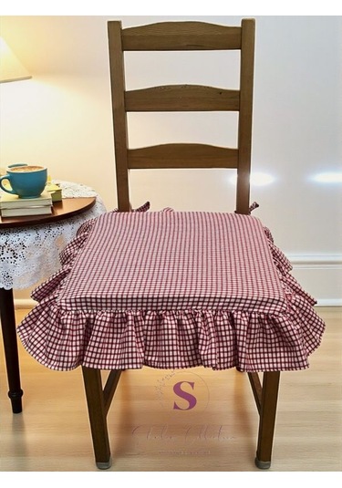 Kırmızı Pitikareli Buldan Yıkanmıs Keten 4 Tarafı Fırfırlı Sandalye Minderi Çok Renkli