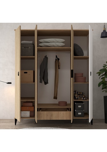 6404 Neva 4 Kapılı 200 Cm Gizli Çekmeceli Gardırop , Elbise Dolabı , Genç Odası Sepet - Beyaz
