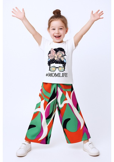 Kız Çocuk Yazlık İkili Takım Baskılı Renk Baloklu B2 Turuncu